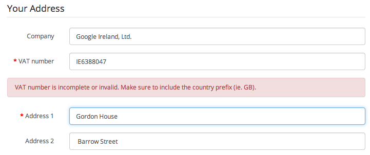 VAT number field validates